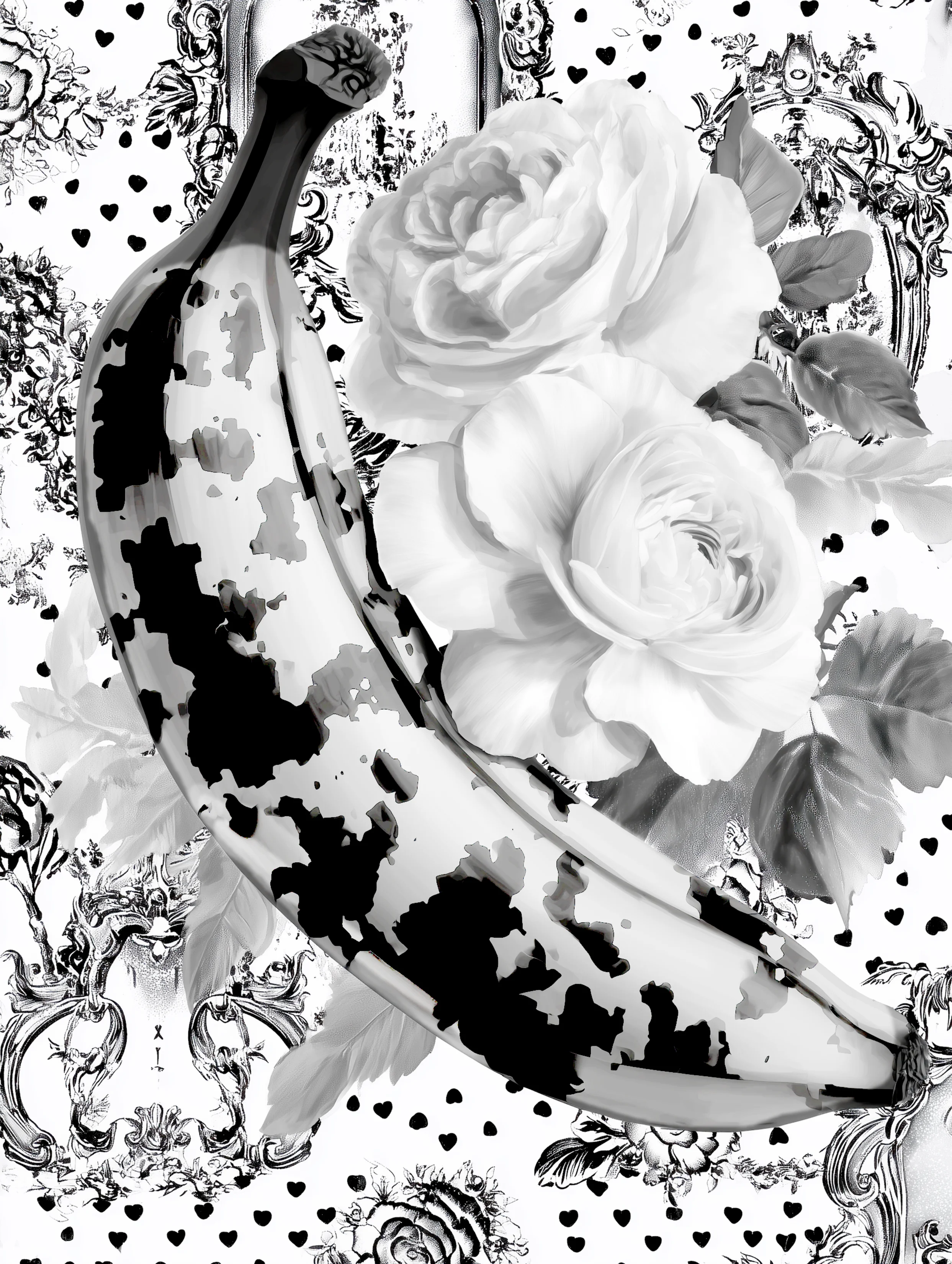 Free printable banana coloring page for adults featuring patchy banana with white roses